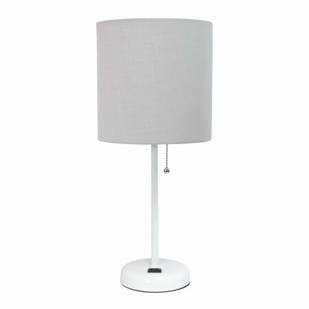 CREEKWOOD HOME Oslo 19.5in Contemporary Bedside Power Outlet Base Metal Table Lamp, White, Gray Drum Fabric Shade CWT-2008-GO